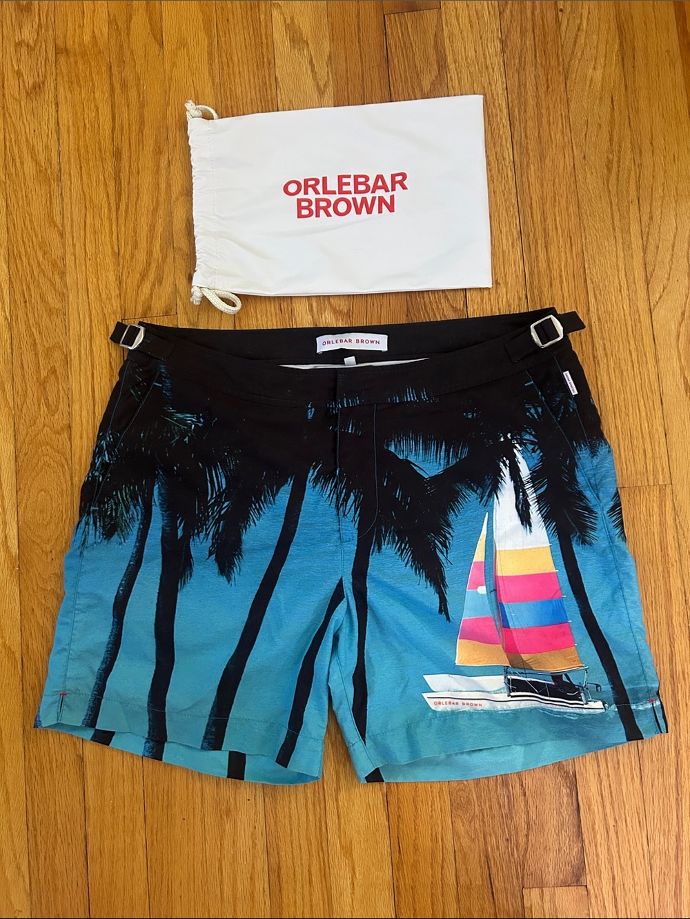 Orlebar Brown Blue Palm-Print Swim Shorts with Multicolor Sail - Bulldog style